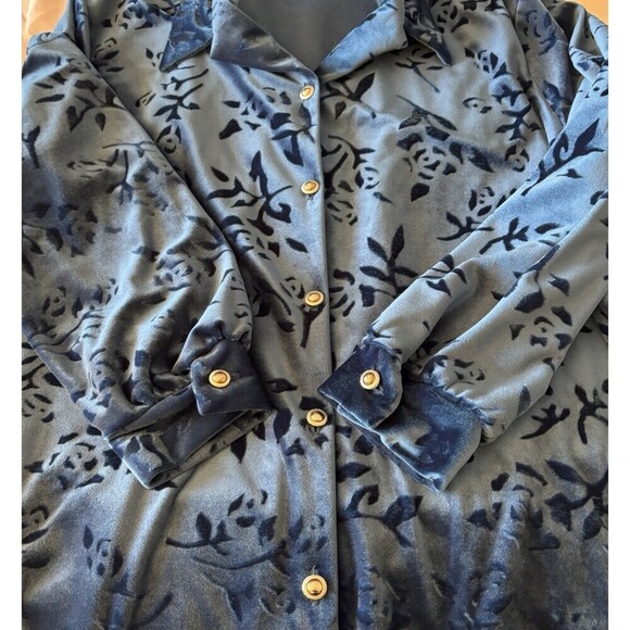 DIANE VON FURSTENBURG Blue Floral Velvet Shirt Women 1X Velour Button Tunic Top - Picture 5 of 8